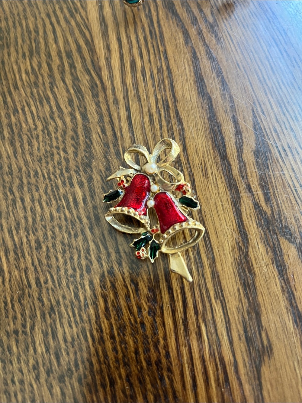 Gold-tone Christmas Bell Brooch with Red Enamel